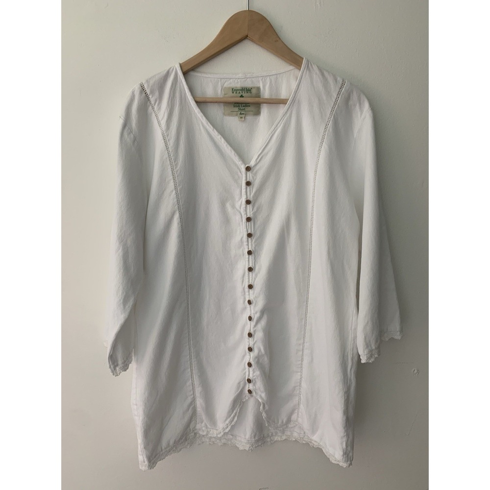 Emerald Isle Weaving Traditional Irish Ladies Shirt Cotton Flax Blend White